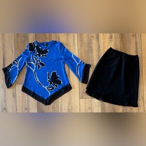 Alfani 2 Piece Set Blouse Blue and Black and Skirt Set